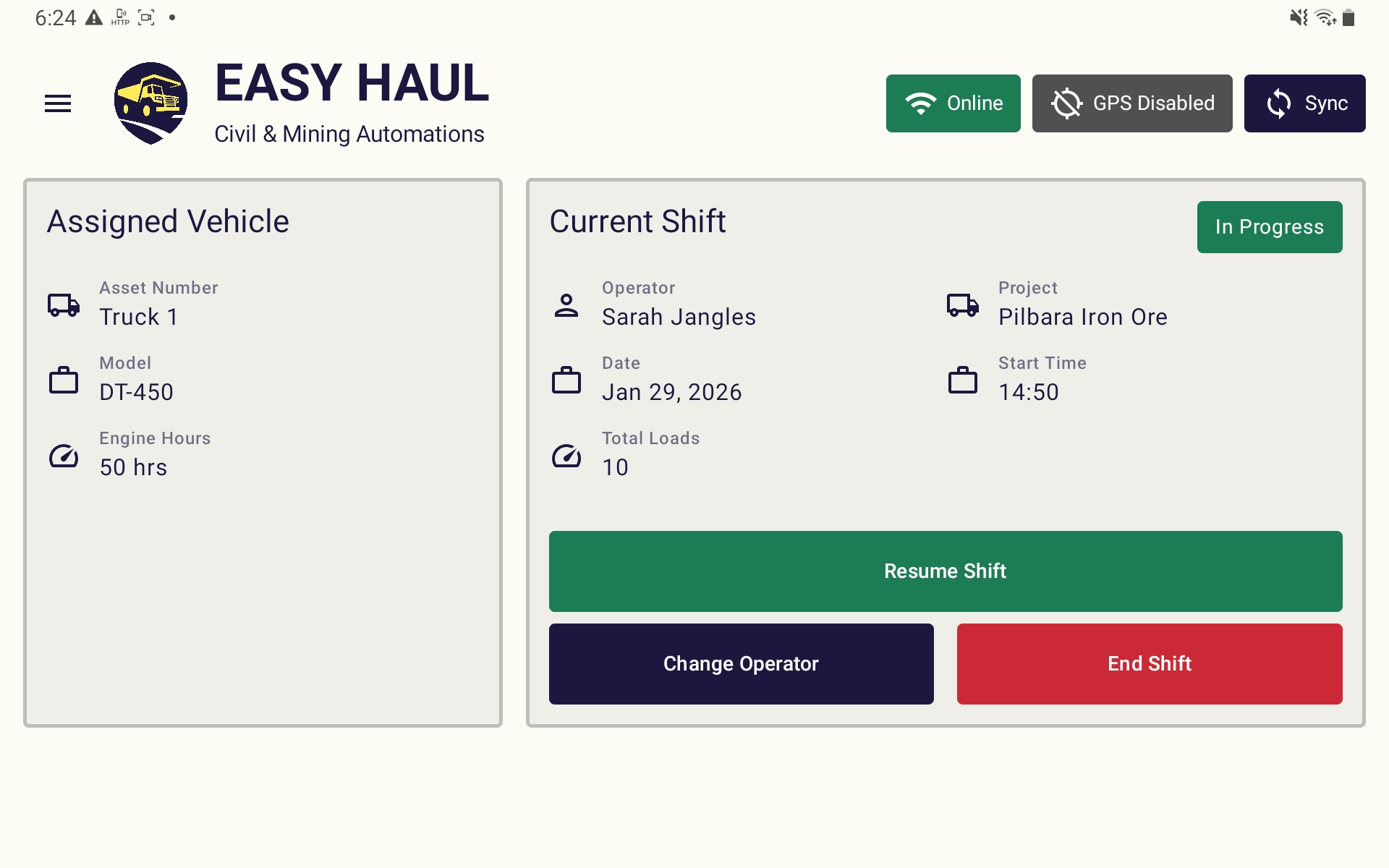 Easy Haul running on rugged tablet